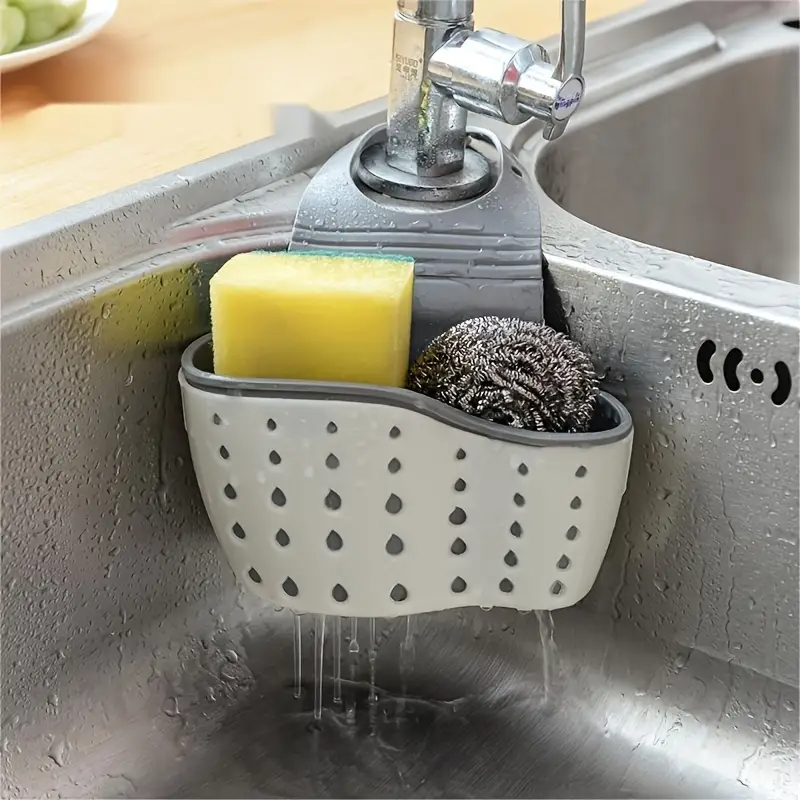 Silicone Tap Washer - ตะกร้าแขวนอ่างล้างจานแบบปรับได้ พร้อมถุงยางใส่สบู่ ฟองน้ำ และที่วางก๊อกน้ำ สำหรับห้องน้ำ